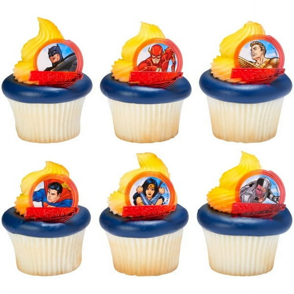 24 Decopac Justice League - Brave and Bold Cupcake Topper Rings Featuring Batman, Superman, Wonder Woman, the Flash, Cyborg and Classic Aquaman - Fabulous Five