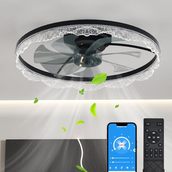 24" Decorative LED Ceiling Fan Light Modern Flush Mount with Acrylic Ring, Hidden Blades, Remote Control, and Dimmable Light for Stylish Homes (Black)