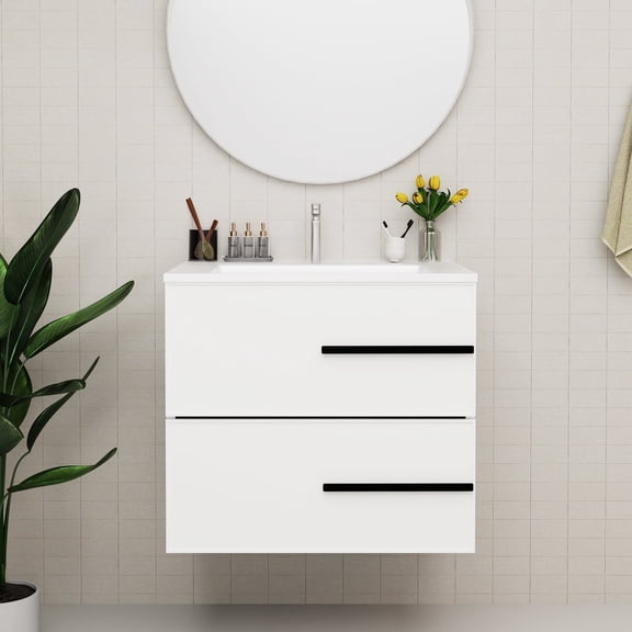 KZElegy 24" Floating Bathroom Vanity with Sink with 2 Fluted Drawers - Modern Wall Mounted Storage Vanity Cabinet, Black Metal Handles,White