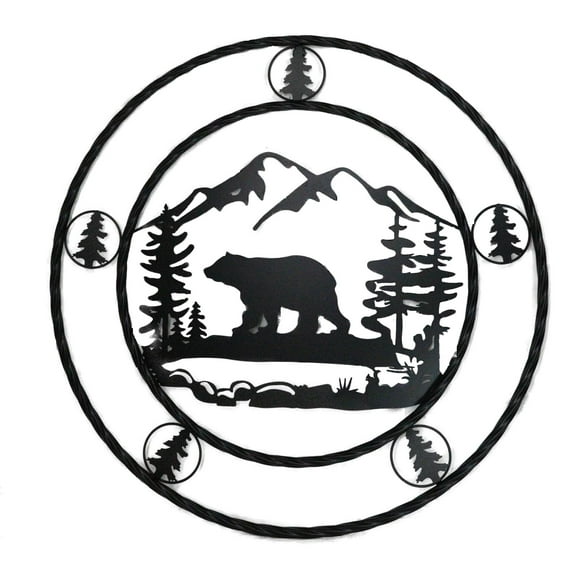 24"Dia Rustic Western Black Bear By Mountains Pine Forest Metal Wall Circle Sign