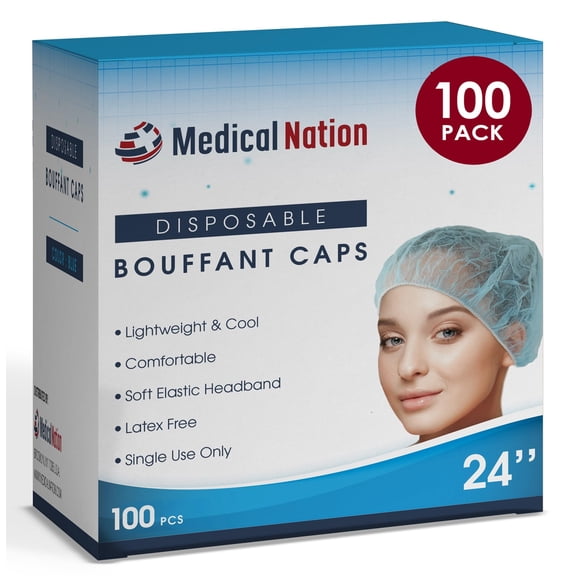 MEDICAL NATION 24" Disposable Bouffant Caps Hair Net | 100 Pack, Blue | Non-Woven, Non-Pleated Hairnets for Food Service, Labs, Medical, Work, Tattoo, Cooking | Blue, Size 24"