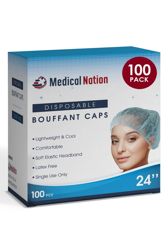 24" Disposable Bouffant Caps Hair Net | 100 Pack, Blue | Non-Woven, Non-Pleated Hairnets for Food Service, Labs, Medical, Work, Tattoo, Cooking | Blue, Size 24"