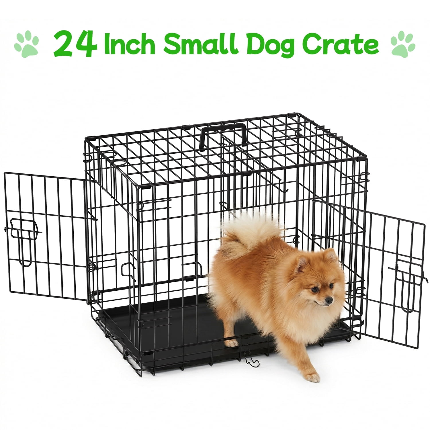 24" Dog Crate Small Dog Cage Folding Dog Kennel for Small Dogs Metal Wire Crates Puppy Crate with Tray&Two Doors，Pet Cages Outdoor and Indoor Use （Black）