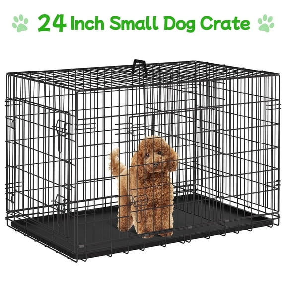 24" Dog Crate Small Dog Cage Folding Dog Kennel for Small Dogs Metal Wire Crates Puppy Crate with Tray&Two Doors,Pet Cages Outdoor and Indoor Use (Black)