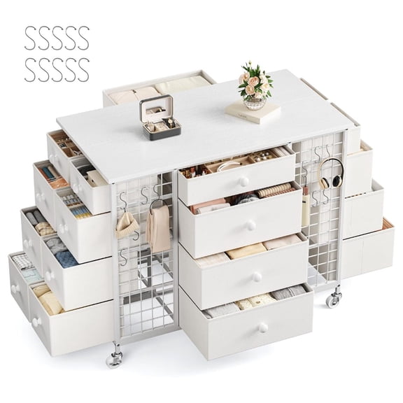 24 Drawers White Dresser with 4 Wheels, Closet Island with
