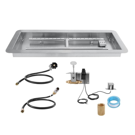 24" Drop-In Fire Pit Pan Stainless Steel, 120,000 BTU H-Burner Kit - Natural & Propane Gas, Indoor/Outdoor Use, Complete Accessory Set
