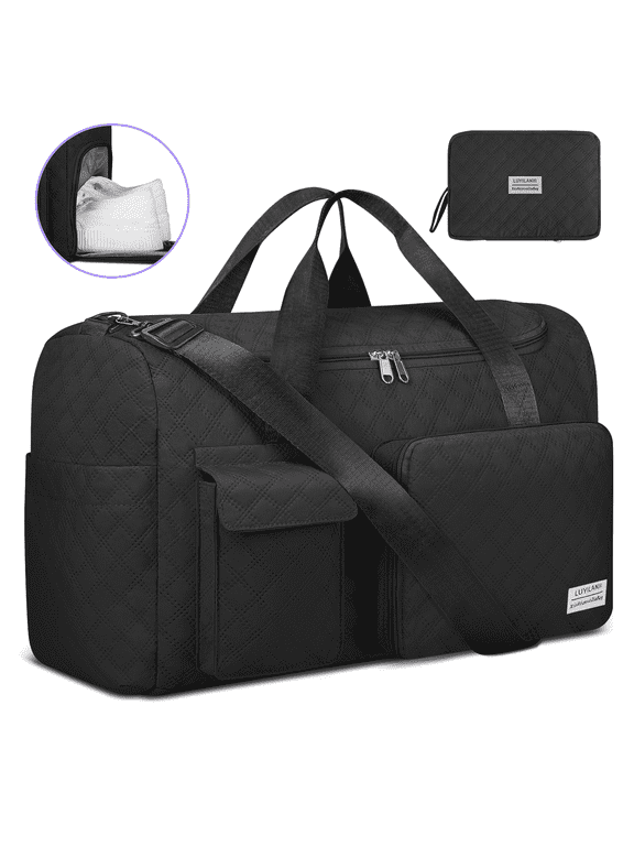 Travel Duffle Bag for Women Men, Foldable Weekender Bags Carry on Gym Bag with Wet Pocket/Adjustable Strap/Shoe Compartment, Waterproof Overnight Tote Bag for Plane Sports Dance, Black
