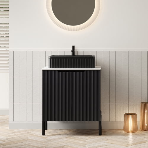 24" Durable Compact Freestanding Cabinet, Bathroom Storage Unit with Soft Close Door, Modern Small Bathroom Vanity with Ceramic Sink for Bathroom, Black,White