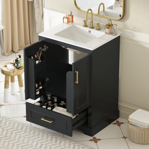 24" Durable Solid Wood Frame Bathroom Vanity with Storage, Modern Minimalist Bathroom Vanity with Ceramic Sink, Freestanding Storage Cabinet with Soft Close Doors for Bathroom Organization, Black