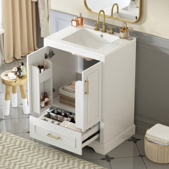 24" Durable Solid Wood Frame Bathroom Vanity with Storage, Modern Minimalist Bathroom Vanity with Ceramic Sink, Freestanding Storage Cabinet with Soft Close Doors for Bathroom Organization, White