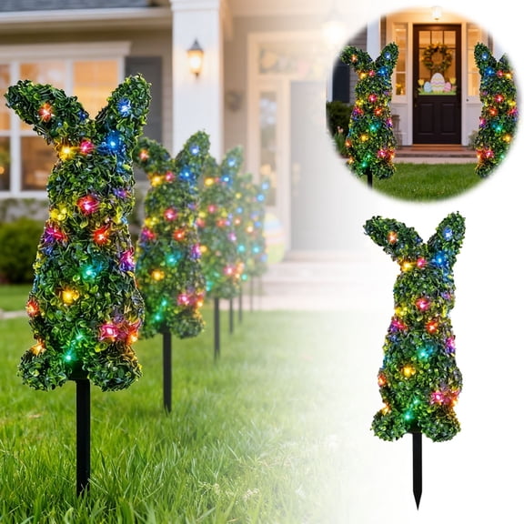 24" Easter Bunny Topiary Outdoor LED , Artificial Boxwood Bunny Topiary Trees with Ground Spike for Indoor, Outdoor Home Porch, Wedding Events, Spring Easter Decorations