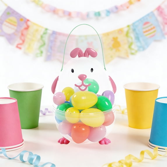 24 Easter Eggs in Easter Plastic Fillable Containers,Clear Bunny Shaped Treat Containers with Handle, Eggs for Easter Hunt Party