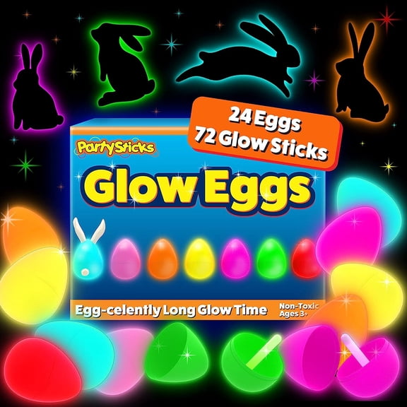 24 Easter Glow Eggs & 72 Mini Glow Sticks 96pcs Total, Glow-in-The-Dark Kids Teens Adults Easter Basket Stuffers Fillers Gift, Egg Hunt Game Bulk Party Favors, Boys Girls Classroom Prizes