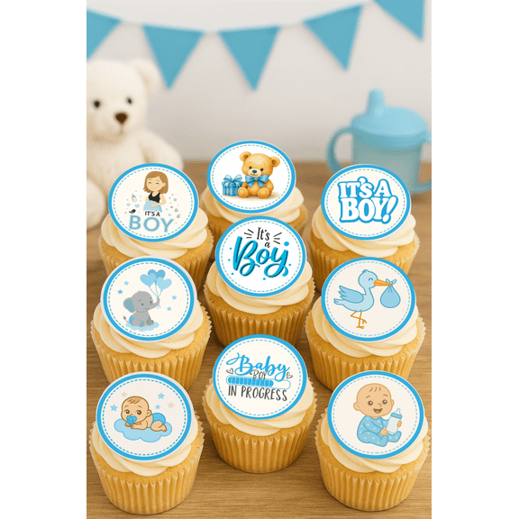 24 Edible Baby Shower Cupcake Toppers – It’s a Boy Theme – Baby Boy Decorations – DIY Party Supplies for Blue Baby Shower Cupcakes