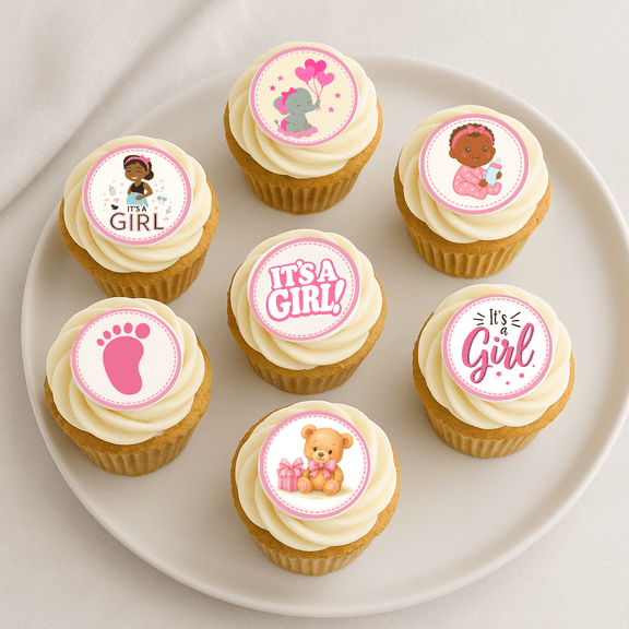 24 Edible Baby Shower Cupcake Toppers – It’s a Girl Theme – African American Baby Girl Decorations – DIY Party Supplies for Pink Baby Shower Cupcakes