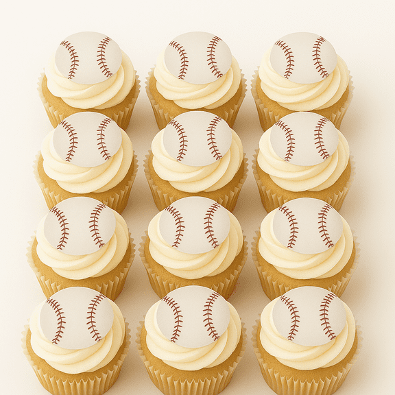 24 Edible Baseball Cupcake Toppers | 1.5 Inch Round Wafer Paper Uncut | DIY Baseball Birthday Party Supplies | Sports Theme Cupcake Decorations