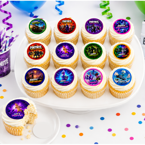 24 Edible Fort Gamer Birthday Cupcake Toppers, 1.5 Inch Wafer Paper, DIY Cut Out Video Game Party Decorations