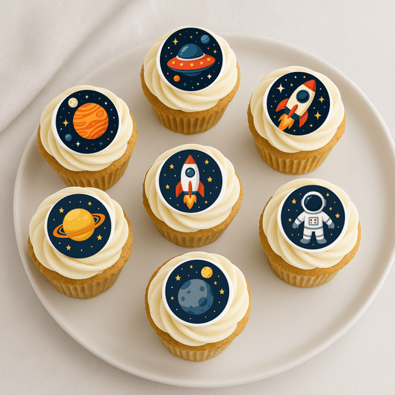 24 Edible Outer Space Cupcake Toppers Uncut 1.5 Wafer Paper DIY Decorations Astronaut, Rocket, Planets, UFO, Earth, Galaxy Theme Edible Space Party Supplies for Kids Birthday or Baby Shower