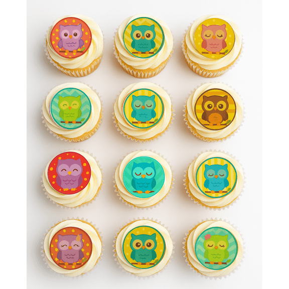 24 Edible Owl Cupcake Toppers Woodland Baby Shower or 1st Birthday Party Decorations DIY Owl Cupcake Decorations for Kids Parties