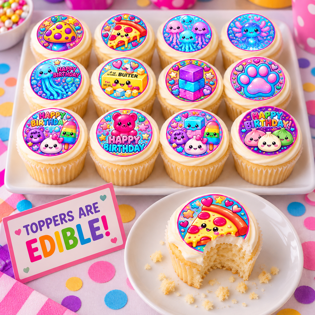24 Edible Squishy Birthday Cupcake Toppers, Uncut DIY from Wafer Paper ...