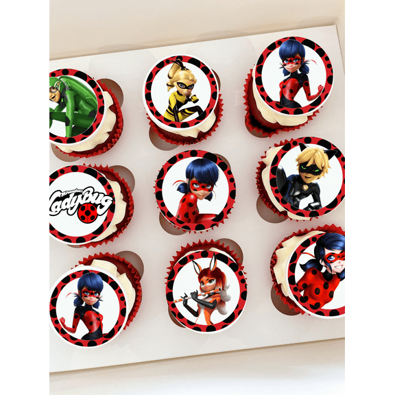 24 Edible Superhero Ladybug Cupcake Toppers Girls Birthday Party Supplies