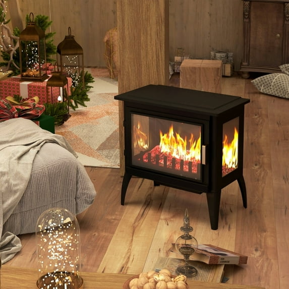 24" Electric Fireplace Stove, Free-Standing Electric Fireplace with Adjustable Brightness, Indoor Heater with Realistic Flame Effects, Overheating Protection, 1000W/1500W, Black