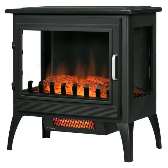 24" Electric Fireplace Stove, Freestanding Infrared Fire Place Heater with Realistic Logs Flame, Adjustable Temperature, Overheat Protection, 1000W/1500W, Black