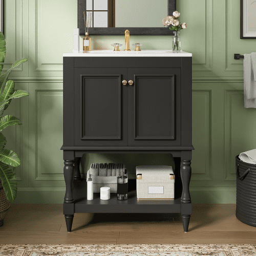 24" Elegant Compact Freestanding Cabinet, Bathroom Storage Unit with Open Shelf, Modern Small Bathroom Vanity with Ceramic Sink for Bathroom, Black
