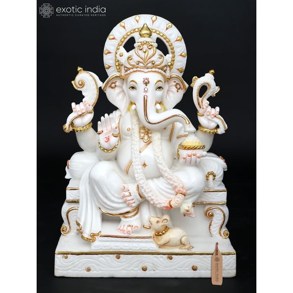 24" Elegant Idol of Four Armed Lord Ganapati with White and Gold Finish | White Marble Sculpture | Made in India