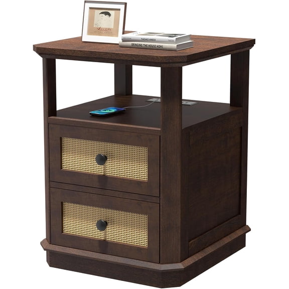 24''End Table, 18" Side Table with 2 Rattan Drawers, Nightstand wiht Charging Station, Large Storage Rustic Wood Beside Table for Living Room,Bedroom,Office, Cherry