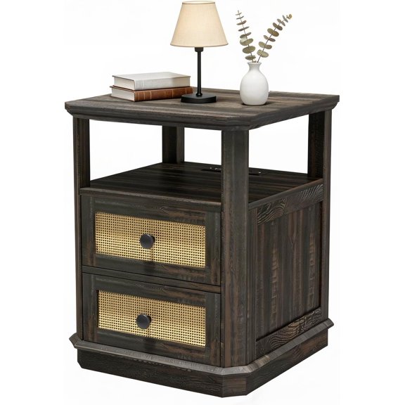 24" End Table Set of 2 with Station, Rattan Drawer Sofa Side Table, Anti- Corner Wooden Nightstand for Living Room Bedroom Office