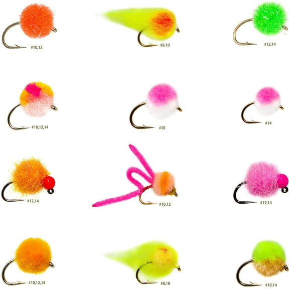 24 Essential Egg Dry Fly Fishing Lure Assortment | Trout, Steelhead, Salmon Fly Fishing Flies | Size #8 - #14