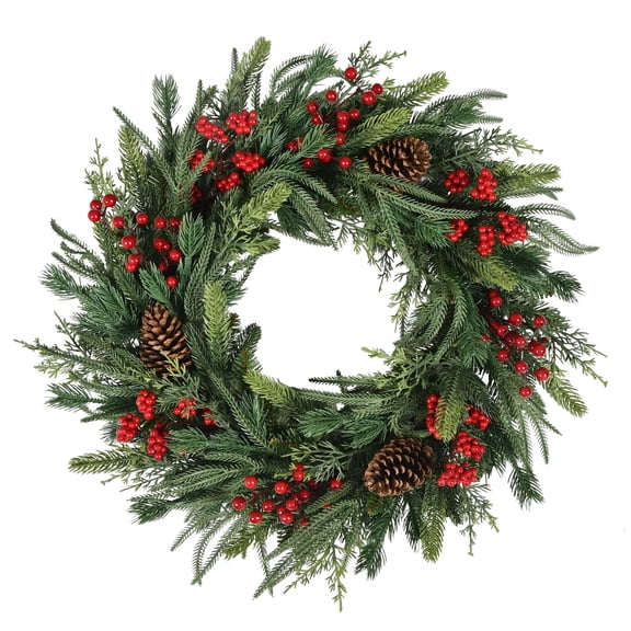 Natural Feel Fairfield Artificial Christmas Wreath with Berries and Pinecones, Green and Red, 24", by Holiday Time