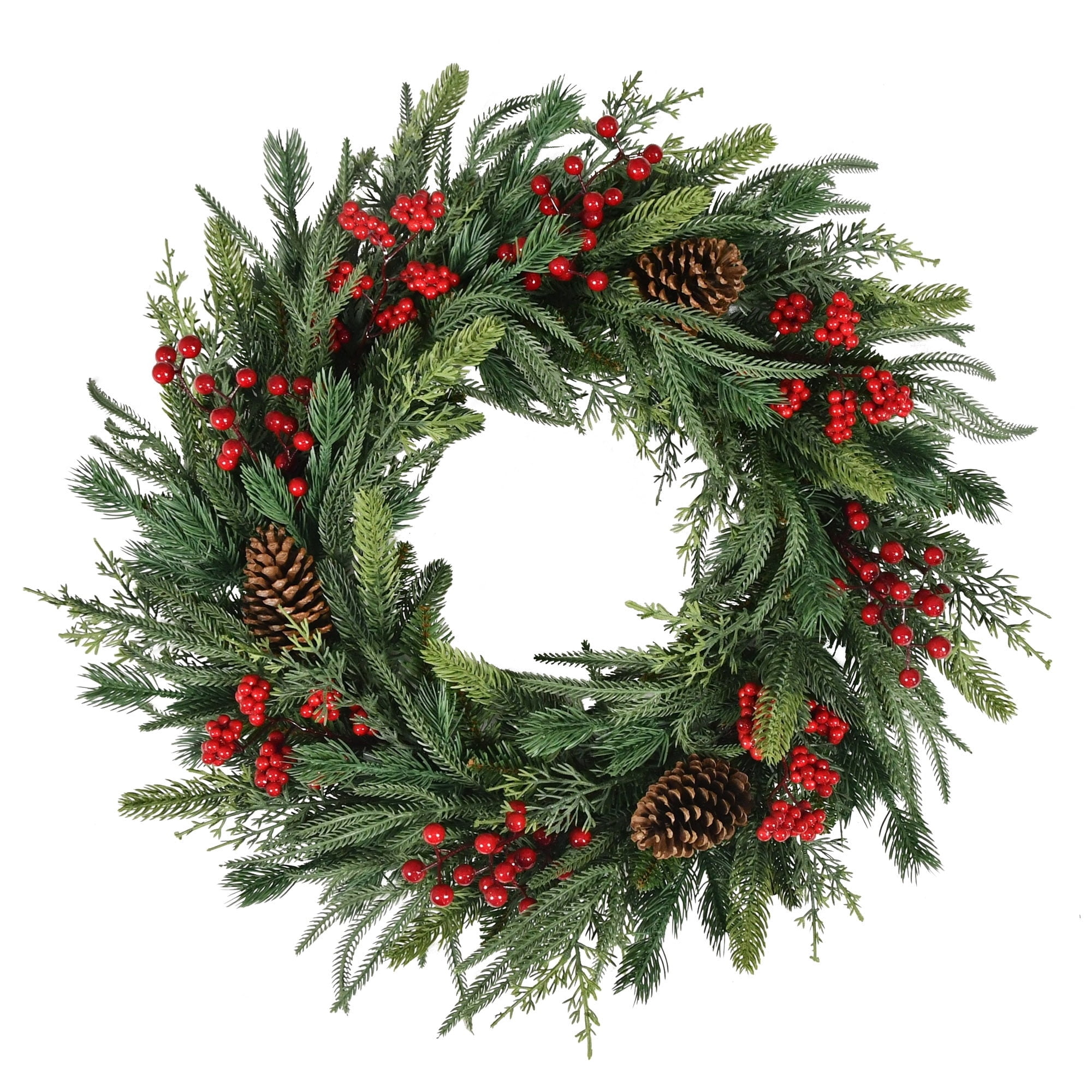 Natural Feel Fairfield Artificial Christmas Wreath with Berries and Pinecones, Green and Red, 24", by Holiday Time