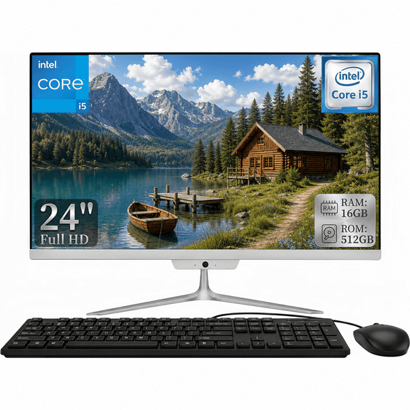 24" FHD All-in-One Desktop PC, Intel Core i5, 16GB RAM 512GB SSD, Webcam, Bluetooth & Wi-Fi, Windows 10, White with Wired Keyboard & Mouse
