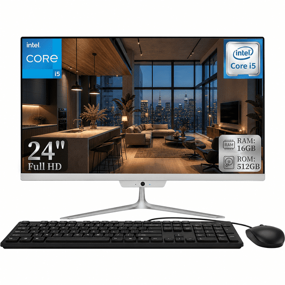 24" FHD All-in-One Desktop PC, Intel Core i5, 16GB RAM 512GB SSD, Webcam, Wi-Fi & Bluetooth, Windows 10, White with Wired Keyboard & Mouse