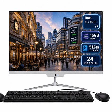 24" FHD All-in-One Desktop PC, Intel Core i7 4.0GHz, 16GB RAM 512GB SSD, Webcam, Wi-Fi & Bluetooth, Windows 10, White with Wired Keyboard & Mouse