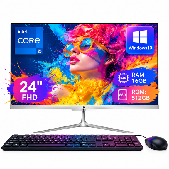All-in-One Desktop Computer 24" FHD Intel Core i5 16GB RAM 512GB SSD, Built-in HD Webcam, White (Mouse & Keyboard)
