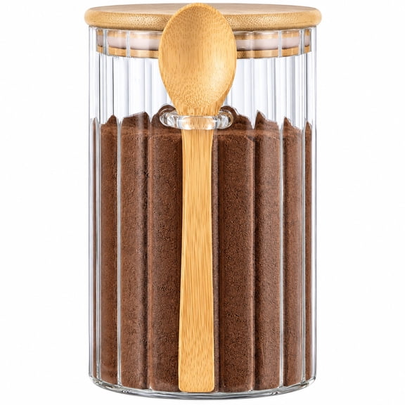24 FL OZ Airtight Glass Coffee Storage Jar with Bamboo Lid & Attached Wood Spoon, Coffee Canister for Ground Coffee, Sugar, Flour, Tea & Nuts, Kitchen Pantry Food Storage Container