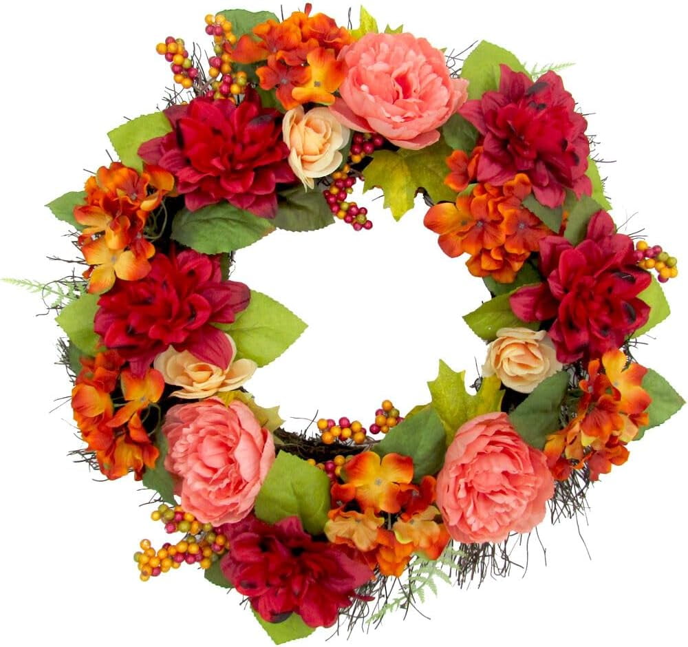 24" Autumnal Artificial Floral Wreath with Dahlias and Peonies