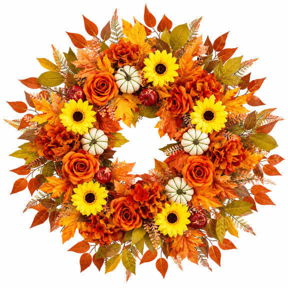24" Fall Wreath for Front Door, Harvest Festival Wreath with Pumpkin, Sunflower, Rose, Maple Leaf, Artificial Outdoor for Porch, Window,Farmhouse,Home,Thanksgiving Day Halloween Autumn Decor(B Fall)
