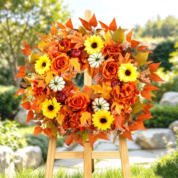 24" Fall Wreath for Front Door, Harvest Festival Wreath with Pumpkin, Sunflower, Rose, Maple Leaf, Artificial Outdoor for Porch, Window,Farmhouse,Home,Thanksgiving Day Halloween Autumn Decor(B Fall)