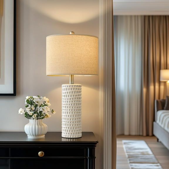 24" Farmhouse Ceramic Table  Set of 2 for Bedroom Living Room White Desk Decor Bedside Lamps