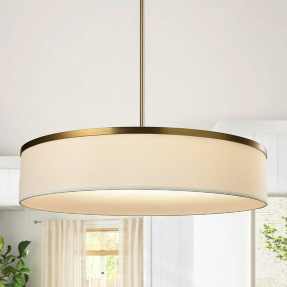 24" Farmhouse Chandelier Light Fixture with Integrated LED Fabric Drum Pendant Light Modern Lighting Ceiling Hanging for Dining Room Kitchen Bedroom Gold
