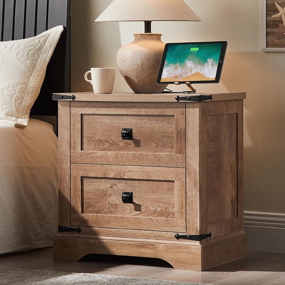 24" Farmhouse Nightstand with Charging Station & 2 Storage Drawers, Light Knotty Oak Rustic Bedside Table