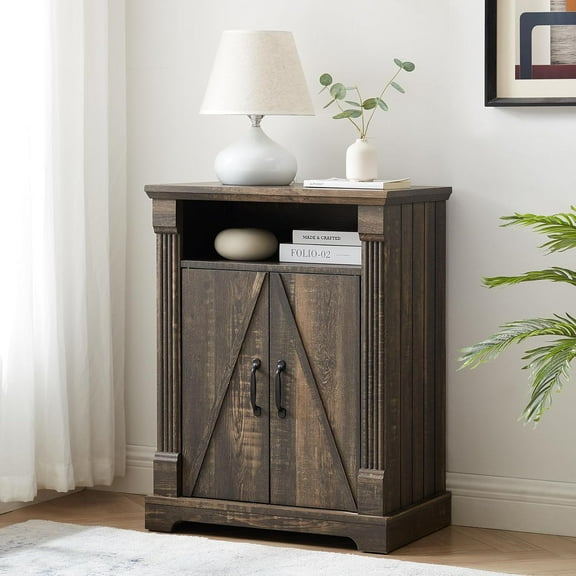 24" Farmhouse Storage Cabinet – Dark Rustic Oak Freestanding Buffet Sideboard with Barn Doors, Adjustable Shelf, Small Coffee Bar for Kitchen, Bathroom & Living Room