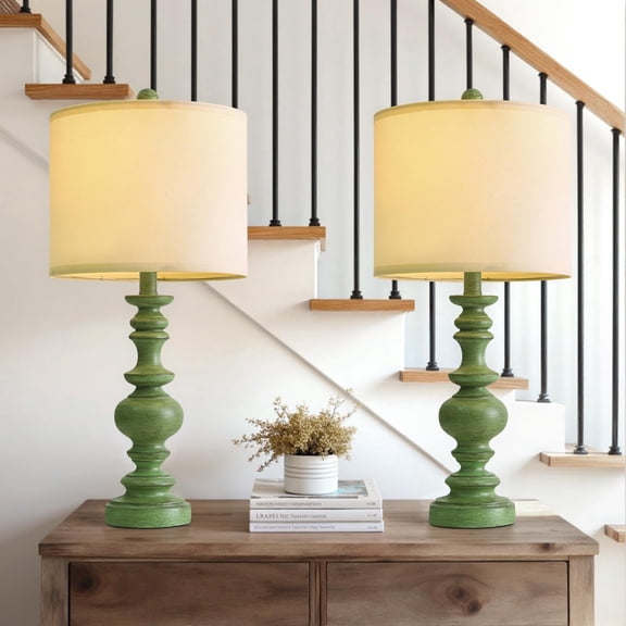 24" Farmhouse Table Lamps Set Of 2 - Sgreen Bedside With Linen Shades Medium Traditional For Living Room Bedroom And Entryway Vintlamp Soft Serenity