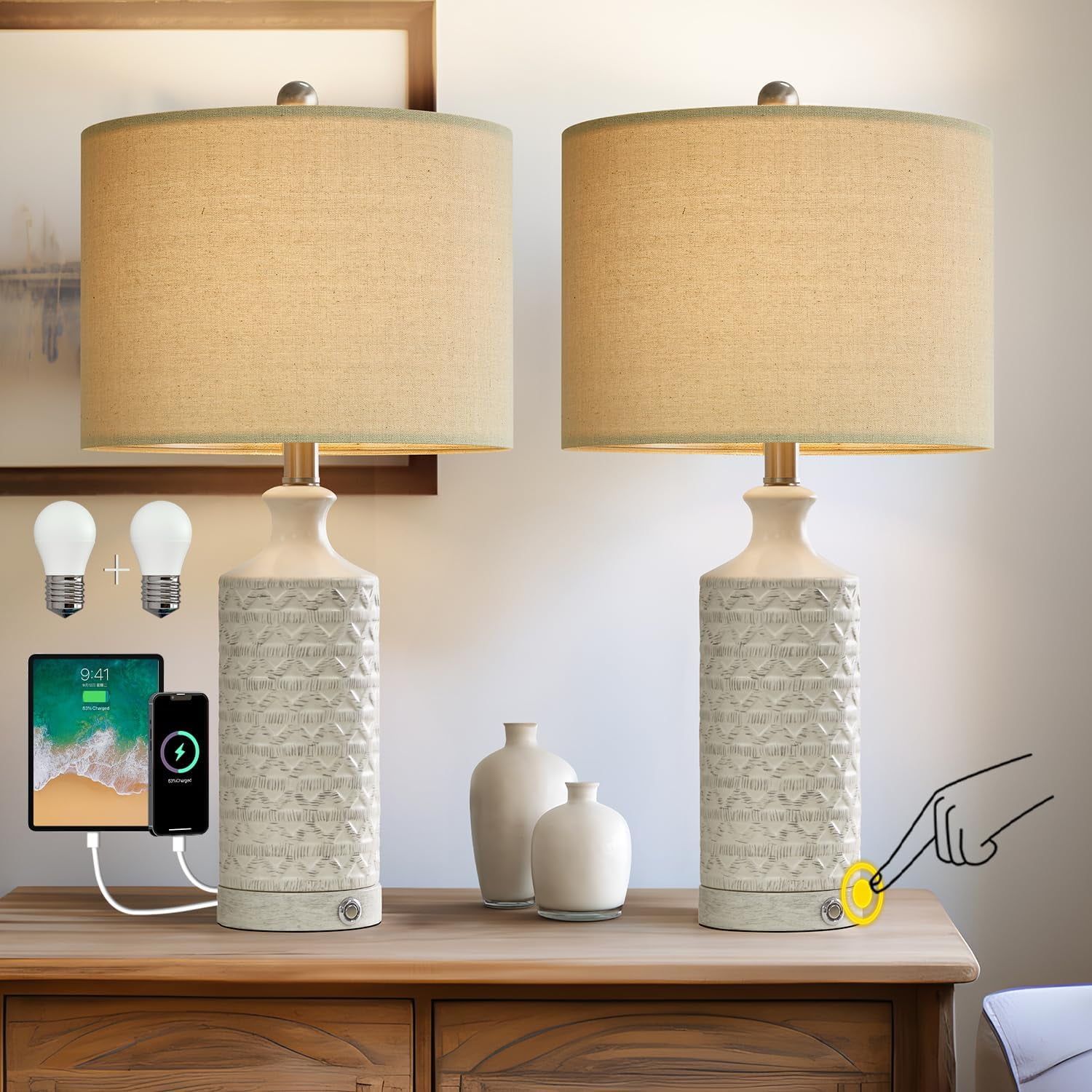 24" White Ceramic Table Lamps with Beige Drum Shades, Set of 2