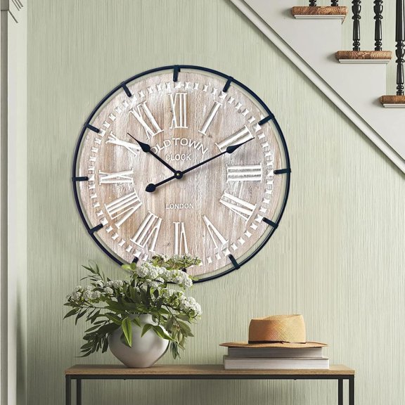 24" Farmhouse Wall Clock, Rustic Wood & Metal, Silent Battery Operated, for Living Room Kitchen Office