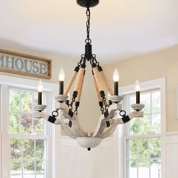 24" Farmhouse Wood & Rope Chandelier, 6-Light Rustic Candle Pendant with Distressed Faux Wood & Jute for Dining Room Kitchen Island Living Room Covered Patio